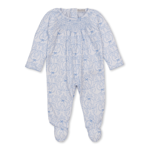 Kissy Kissy Delicate Blooming Bows BLUE Smocked Footie - Spoiled Swee - Spoiled Sweet Boutique