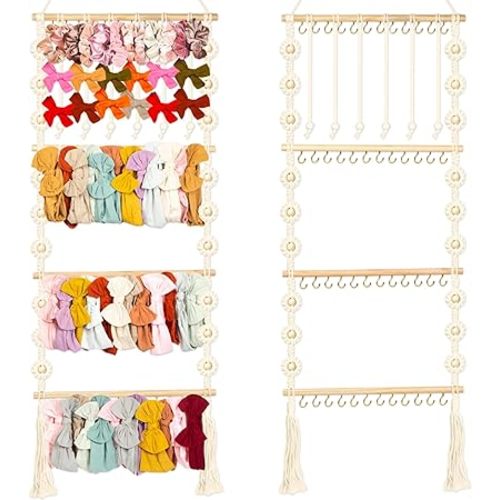 Headband Holder - Bow Holder for Baby Girl – Macrame Bow Organizer for Baby Girl w/ 48 Metal Hooks, 6 Slings & Wooden Bead – Space Saving Baby Bow Organizer – Ideal Baby Bow Holder for Expecting Moms