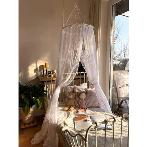 Handmade Beaded Canopy with Jacquard Tulle Curtains: Boho Nursery Decor