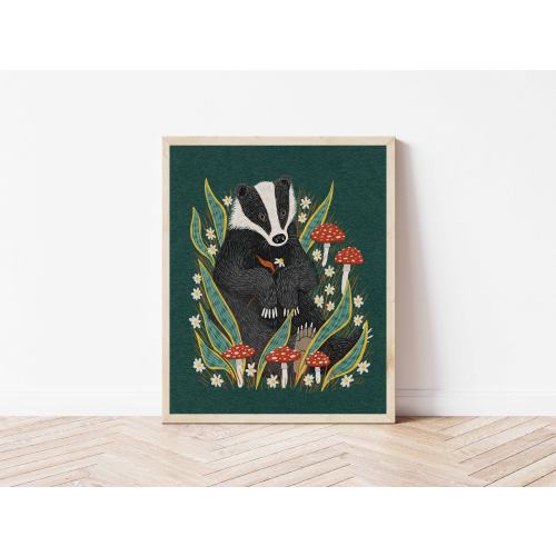 Badger, Mushroom, and Snake Plant Nature Art Print - Woodland Creature Botanical Illustration - Witchy Dark Forest Cottagecore Wall Décor