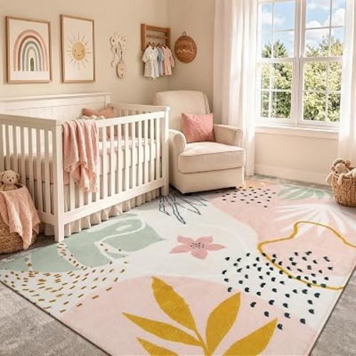 Lahome Pink Boho Nursery Rug 4x6, Washable Non Slip Soft Botanical Area Rug for Girls Bedroom Kids Room Playroom Dorm Apartment Decor