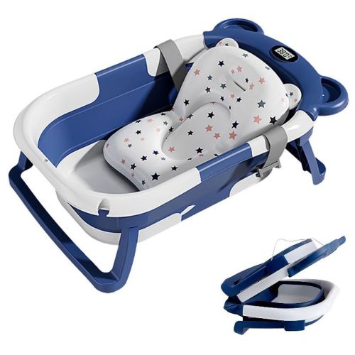 Babybond Collapsible Baby Bathtub For Infants And Toddlers With Thermometer& 1 Soft Floating Cushion Portable Travel Baby Tub,blue