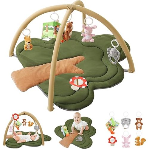 Baby Play Gym Mat, Tree-Shaped Tummy Time Mat with 6 Detachable Toys, Thick & Plush Play Mat for Babies 0-6 Months, Baby Activity Mat, Newborn Infant Baby Essentials Gift