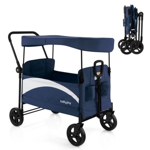 Infans 2-seat Stroller Wagon Folding Baby Stroller W/ Adjustable Canopy & Handles Navy