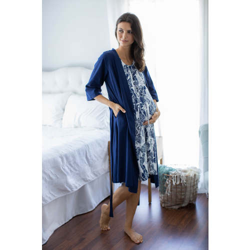 Serra 3 in 1 Labor Gown & Solid Navy Blue Pregnancy/Postpartum Robe