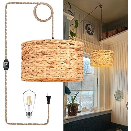 Rattan Plug in Pendant Light Boho Hanging Lights with Plug in Cord & Dimmable Switch,Indoor Hanging Lamp Plug in Wicker Woven Lampshade for Living Room Bedroom Dinning Island