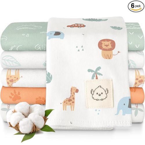 Organic Burp Cloths Baby Boy, Girl - 6-Pack Large 100% Cotton Burping Cloths for Babies, Spit Up Rags, Super Absorbent, Ultra Soft Newborn Rag, Gender Neutral, Machine Washable, Durable (Wilderness)