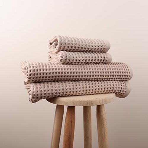 Püskül - 4 Pieces Waffle Towel Sets for Bathroom, Premium Organic Turkish Cotton 2 Hand Towels 2 Bath Towels Set (Beige)