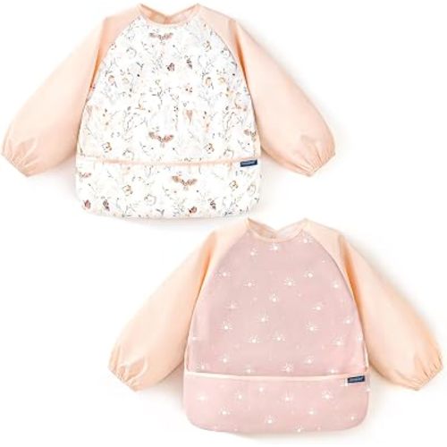 GRSSDER 2 Pack Long Sleeve Baby Feeding Bibs, Super Soft Lightweight Waterproof Coverall Baby Led Weaning Bib with Large Food Catcher Pocket, Adjustable and Easy Clean for 6-30 Months