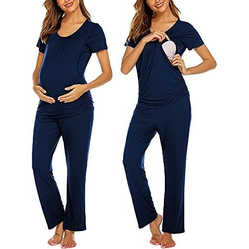 Ekouaer Women's Maternity Nursing Pajamas Set Breastfeeding Sleepwear Double Layer Short Sleeve Top & Pants Pregnancy PJS