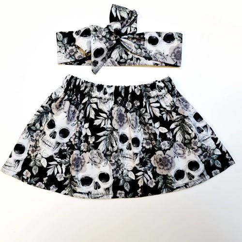 Black Skulls Skirt and Headwrap Cute Baby Set Skull Print Baby Girls Clothes NEW