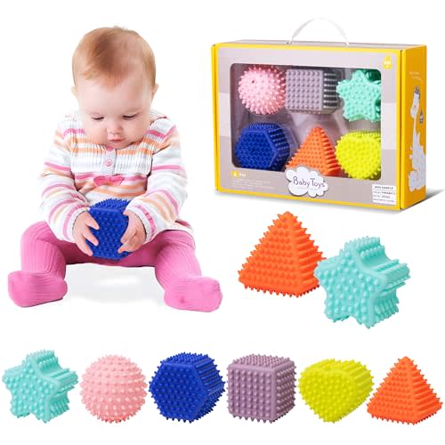 ROHSCE Baby Sensory Balls, Montessori Toys Soft Baby Balls 6 to 12 Months Textured Geometric Shapes for Babies' Sensory Development, Multicolor Bath Gifts Spiky Squeeze Ball for Infant Kids