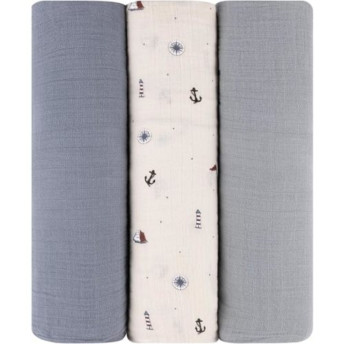 Ely's & Co. Muslin Swaddle Blankets 3-Pack for Baby Boy, 100% Cotton Muslin Extra Large Swaddle Receiving Blankets, 47”x47” (Blue-Ivory Nautical)