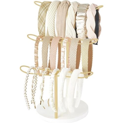 Dahey Headband Holder Organizer Metal 3-Tier Hair Hoop Display Stand Headband Organizer Storage Hair Ropes Accessories Bracelets Bangles Bedroom College Dorm Decor for Girls Women, Gold