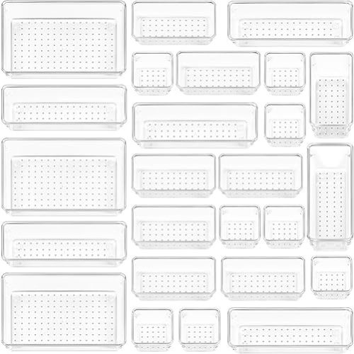 Vtopmart 25 PCS Clear Plastic Drawer Organizers Set, 4-Size Versatile Bathroom and Vanity Drawer Organizer Trays, Storage Bins for Makeup, Bedroom, Kitchen Gadgets Utensils and Office