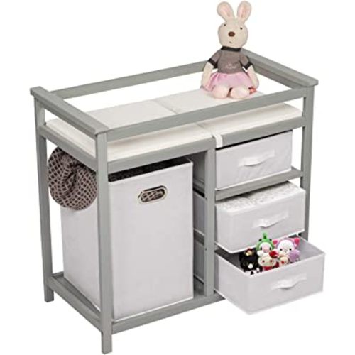 Kinbor Wood Baby Changing Table - Infant Diaper Changing Station and Dresser, Nursery Organizer with Pad, Laundry Hamper and 3 Storage Baskets, Gray