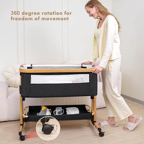 Baby Bassinet, 3 in 1 Bedside Crib for Newborn, 6 Height Adjustable & Easy Folding & with Mosquito Net & Storage Basket & Wheels