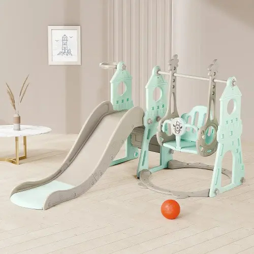 DUKE BABY 4-in-1 Kids Slide and Swing Set - Extra-Large Indoor and Outdoor Playground - Includes Slide, Swing, Basketball Hoop, and Climber – Mint Green