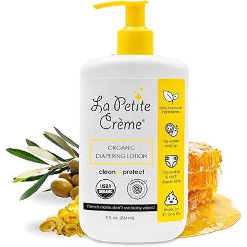 French Premium Diapering Lotion - Diaper Cream Alternative to Baby Wipes - Gentle Moisturizer & Skin Cleanser with USDA Certified Organic Ingredients - Baby Essentials (8 oz)