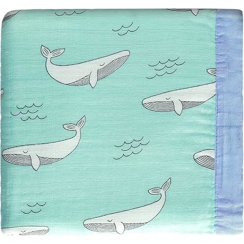 Muslin Quilt Swaddle Blanket, Baby Everything Blankets for Boys Girls Toddler, Blue Stroller Cover, Oversized 43 X 45 inchs (Whale)