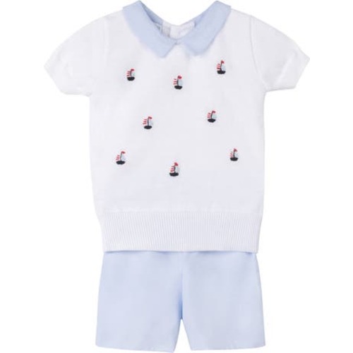 Sailboat Embroidered Short Sleeve Sweater & Shorts Set, 24M