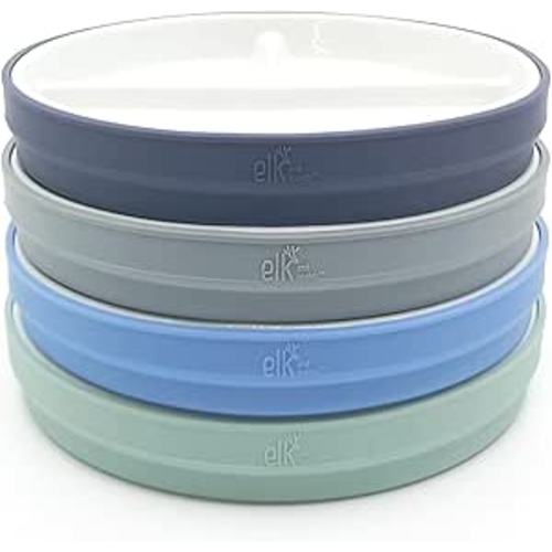 Elk and Friends Kids 6.7” Porcelain White Divided Plates with Silicone Sleeves | Suitable for Babies/Toddlers | Microwave & Dishwasher Safe | Non Slip Dinnerware | Snack Dishes | 4 Pack