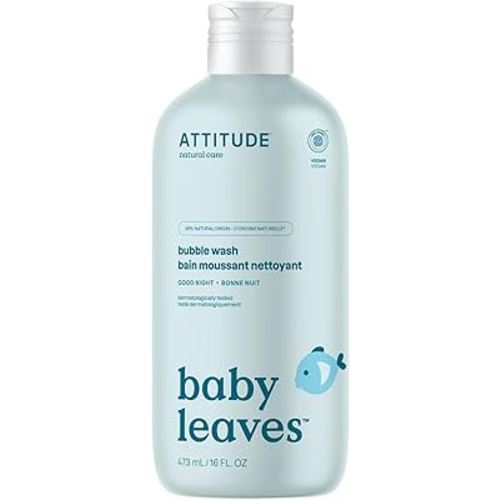 ATTITUDE Bubble Body Wash for Baby, EWG Verified, Dermatologically Tested, Plant and Mineral-Based, Vegan, Good Night, 16 Fl Oz