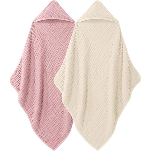 Looxii Baby Bath Towels 2 Pack Muslin Hooded Baby Towels for Newborn and Infants, 100% Cotton, Large 32x32Inch, Soft and Absorbent Beige+Pink