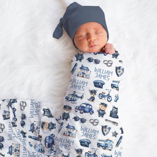 Personalized Police Airplane Swaddle Blanket Blue Car Name Baby Blanket Newborn Baby Boy Coming Home Outfit Hospital Outfit Baby Shower Gift