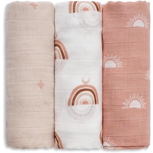 GLLQUEN BABY Receiving Blanket Boy Cotton Muslin Swaddle Blankets Girl Newborn Squares Breathable & Soft Thin Baby Blankets Cloths Double Absorbent Infant Swaddling Wrap - 3 Pack (Sun)