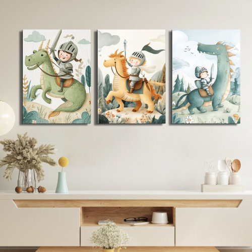 August Grove® 3pcs Childlike Watercolor Knight Dragon Unicorn Wooden Frame Canvas Art Set Whimsical Artwork for Home Office Living Room Bedroom Kitchen Decor Indoor/Outdoor Wall Hanging | Wayfair