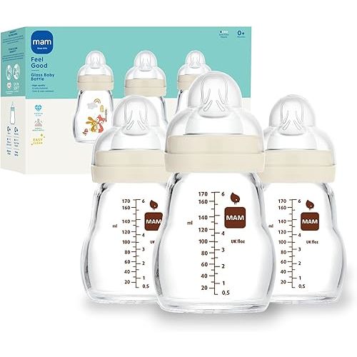 MAM Feel Good Slow Flow Premium Glass Baby Bottles, Easy Switch Between Breast and Bottle, 5oz, 0+ Months, Unisex, 3 Pack