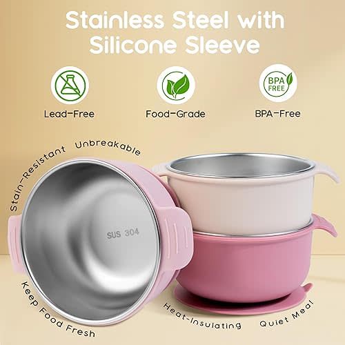Stainless Steel and Silicone Baby Bowl with Suction 3 Pack, 4.3” for Toddlers Kids, Non-Slip, Non-Toxic, BPA-Free, Mess-Free, Dishwasher Safe, Fit Highchair Size,light pink beige pink