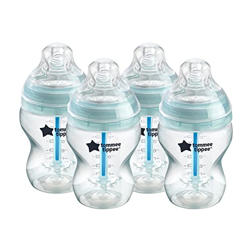 Tommee Tippee Anti-Colic Baby Bottles, Slow Flow Breast-Like Nipple and Unique Anti-Colic Venting System, 9oz, 4 Count, Clear