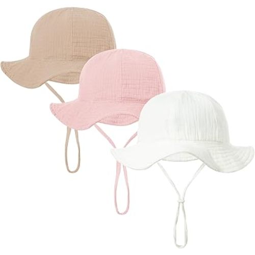 Baby Sun Hat Muslin 3 Pack, UPF 50+ Sun Protection Baby Bucket Hat Adjustable Summer Beach Hats with Wide Brim for Boys Girls Infant Kids