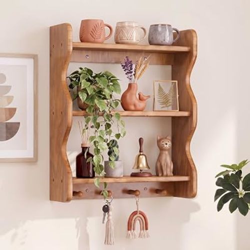 Solid Wood Floating Shelves with Hooks, 3 Tier Rustic Farmhouse Wall Mounted Storage Shelf, Decorative Scalloped Side Organizer Display Rack for Bedroom, Bathroom,Living Room,Home Decor,Brown