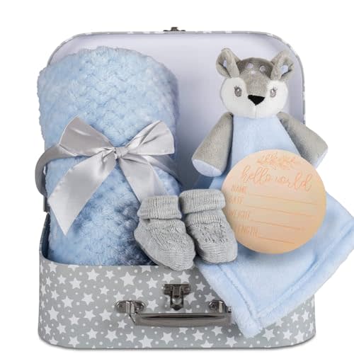 Hoolaroo Baby Blanket New Baby Boy Gifts Newborn Box Fleece Blanket, Blue Deer Fawn Comforter, Knit Booties, Hamper Suitcase Blue Gifts Present Boys