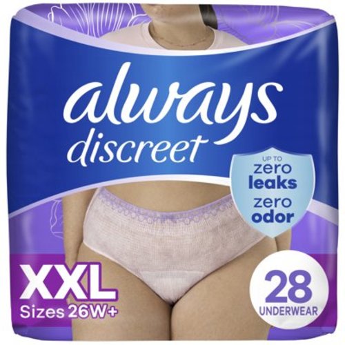Always Discreet Adult Incontinence Underwear for Women and Postpartum Underwear, XXL, Up to 100% Bladder Leak Protection, 28 CT