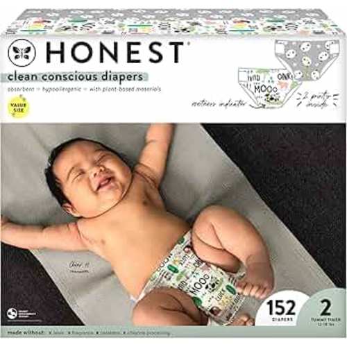 The Honest Company Clean Conscious Diapers | Plant-Based, Sustainable | Pandas + Barnyard Babies | Super Club Box, Size 2 (12-18 lbs), 152 Count