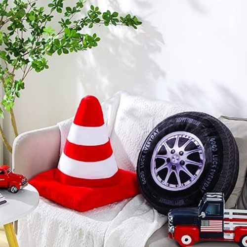 Woanger 2 Pcs Racing Pillow Room Decorations Set 15.7 Inch Big Creative 3D Simulation Wheel Pillow Funny Cone Traffic Light and Stop Sign Soft Race Car Tire Plush for Kid Room(Traffic Cone)