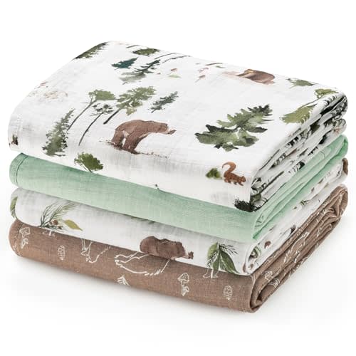 david's kids 4 Pack Baby Muslin Swaddle Blankets, 100% Cotton and Ultra Soft Breathable Receiving Blanket Wrap for Boys Girls, New Born Essentials, Large 47 x 47 inches, Woodland Animals/Green