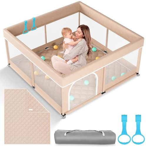 Omzer Baby Playpen with Mat 50x50inch: Large Playpen for Babies and Toddlers Indoor Safety Play Pen with Soft Breathable Mesh - All-Wrapped Sponge Sturdy Play Yard with Stable Mat Magic Sticker Beige - 50*50*26 Inch