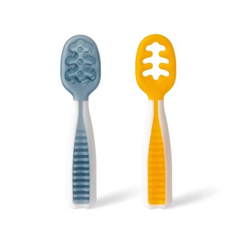 NumNum Pre-Spoon GOOtensils | Baby Spoon Set (Stage 1 + Stage 2) | BPA Free Silicone Self Feeding Toddler Utensils | For Kids Ages 6 Months+, 1-Pack, 2 Spoons, Blue/Orange