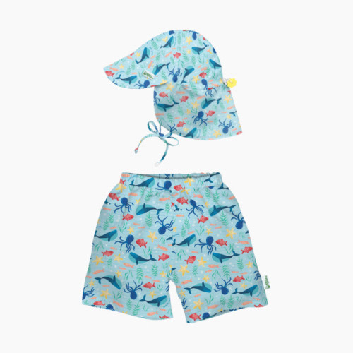GREEN SPROUTS UPF 50+ Swim Trunks with Built-in Diaper & Hat - Aqua Sea Celebration, 0-6 Months