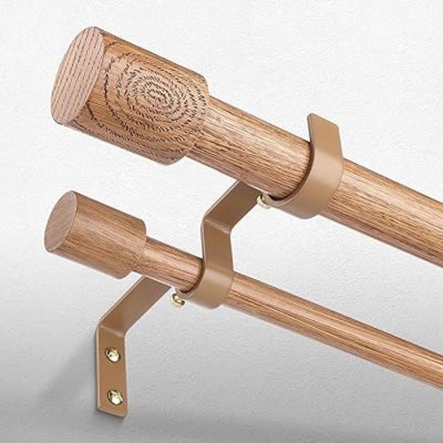 Wood Double Curtain Rod 36-76 Inch, Boho Decorative Dual Curtain Rods for Windows, 1 Inch Adjustable Heavy Duty Metal Spliced Drapery Rods, Unique Faux Wood Grain Design