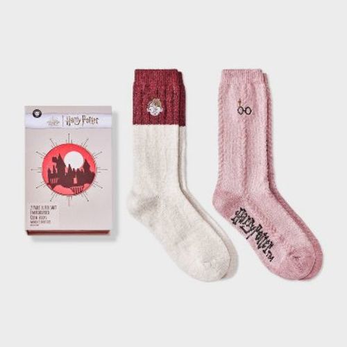 Women's 2pk Harry Potter Pop-up Storybook Supersoft Embroidered Crew Socks - Ivory/burgundy Heather 4-10