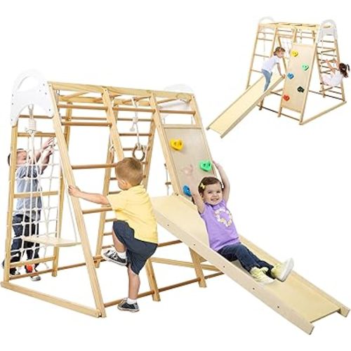 Wpond Indoor Jungle Gym, 8 in 1 Indoor Playground for Kids, Wooden Toddler Climbing Toys Indoor, Climbing Gym for Boys and Girls, Toddlers Wooden Climbing Gym for Age 3-8