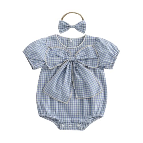 JLKGICF Newborn Baby Girl Summer Outfits Applique Plaid Romper T-shirt Short Sleeve Ruffle Bubble Bodysuit Infant Clothes