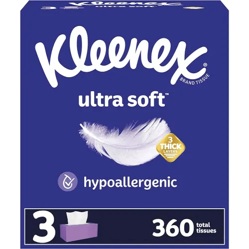 Kleenex Ultra Soft Facial Tissues, 3 Flat Boxes, 120 Tissues per Box, 3-Ply (360 Total Tissues), Packaging May Vary