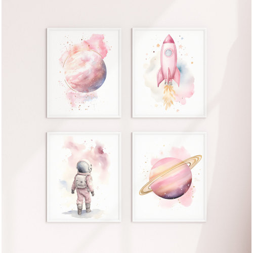 Pink Nursery Decor Space Girl Set Of 4 Poster or Canvas, Nursery Wall Art Space, Watercolor Moon Nursery Prints, Outer Space Astronaut Print